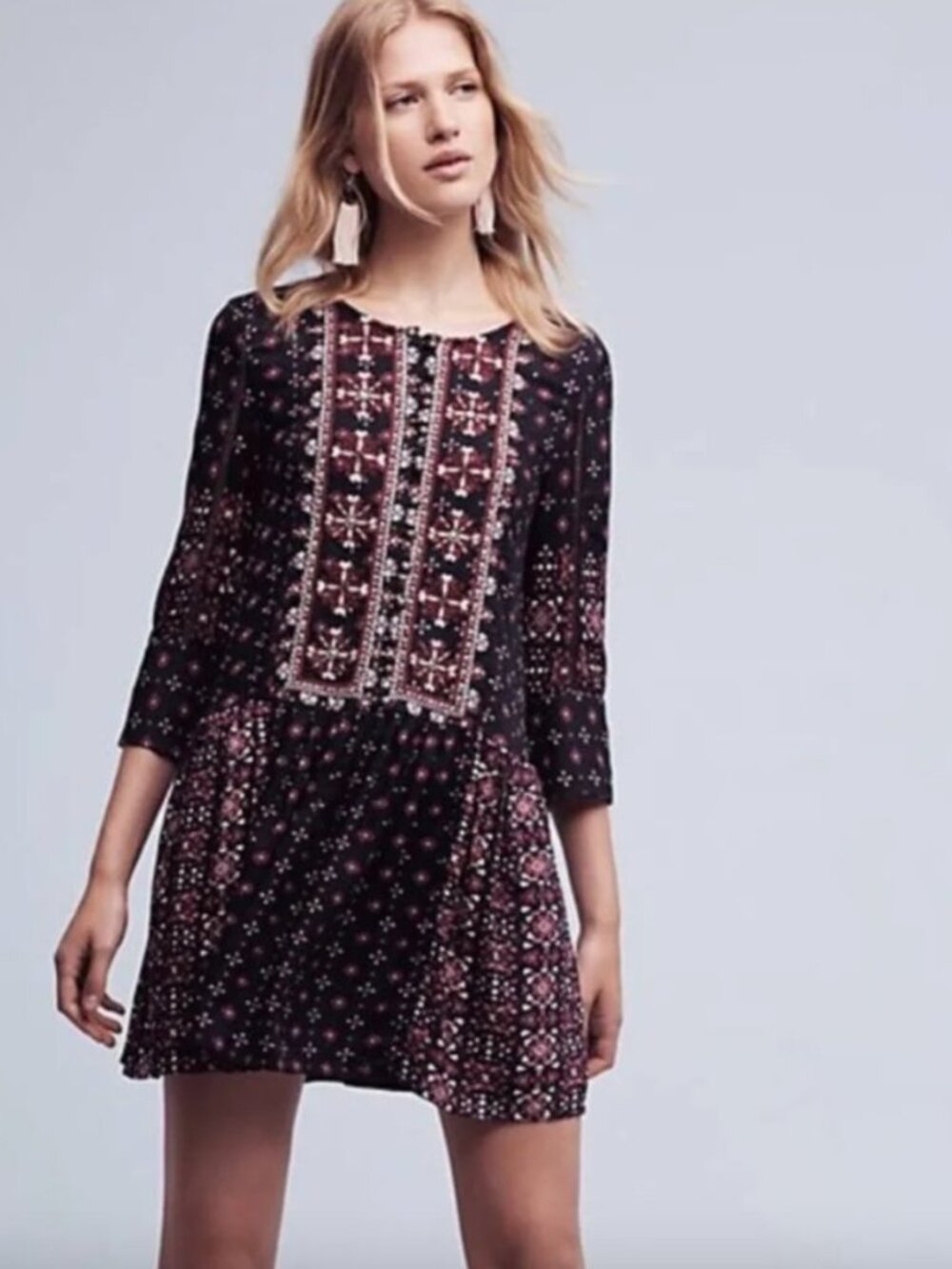 Anthropologie Vanessa Virginia Navy Kaleidoscope Embroidered Boho Mini Dress L